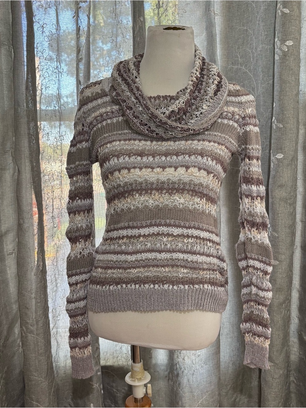 Maurices Taupe & Cream Striped Cowl Neck Long Sleeve Sweater